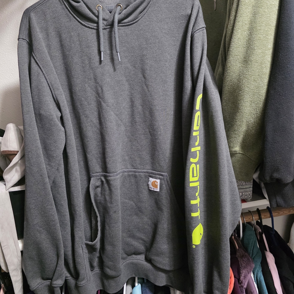 Carhartt Dark Gray Hoodie with Neon Yellow Sleeve Logo